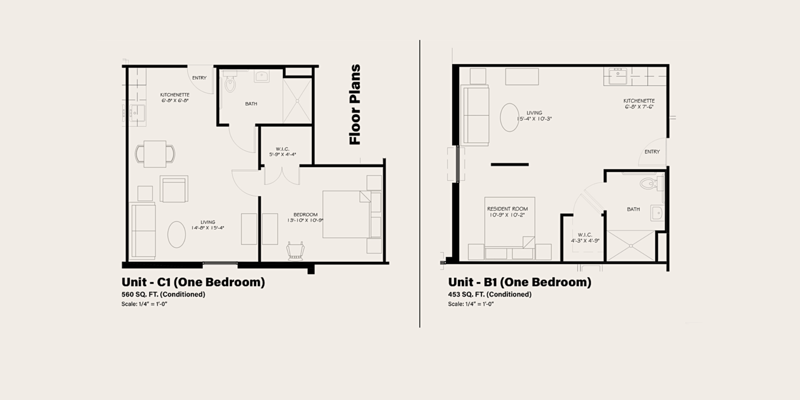 Assisted Living Floor Plans - Unit C1 One Bedroom (560 sq ft), Unit B1 One Bedroom (453 sq ft)