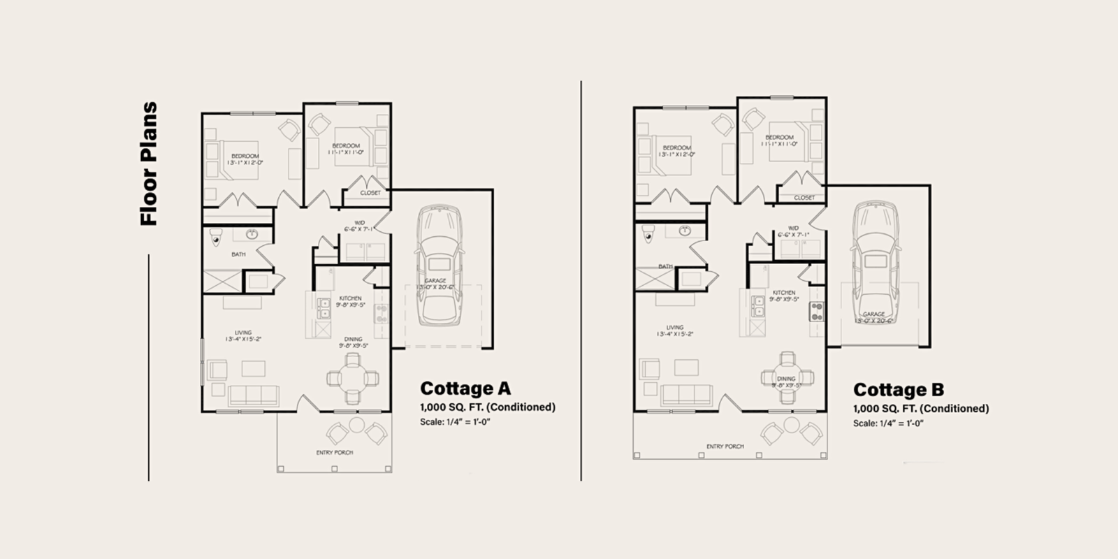 The Cottages Floor Plans - Cottage A and Cottage B, both 1,000 sq ft